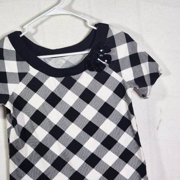 Justice Black White Check SS Black Sequin Bow Neckline Cotton Span Top Size 18 - Picture 3 of 16